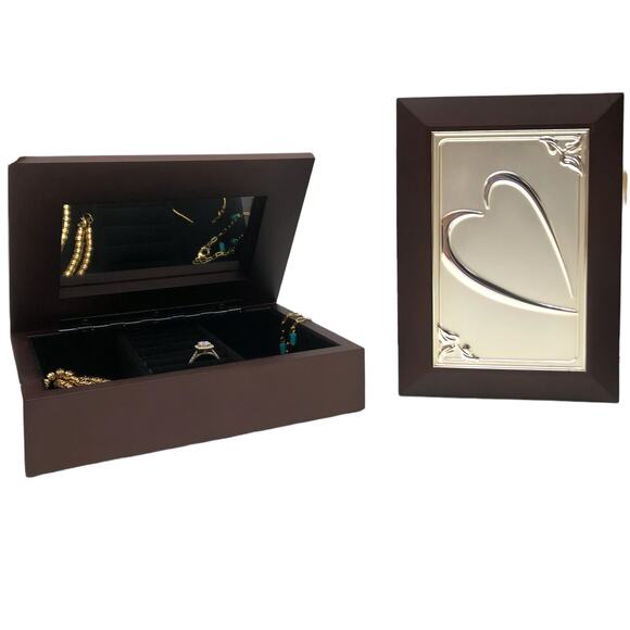 Small Jewelry Box  Embossed Silver Heart Gift Boxed Dark Wood - Picture 1 of 6
